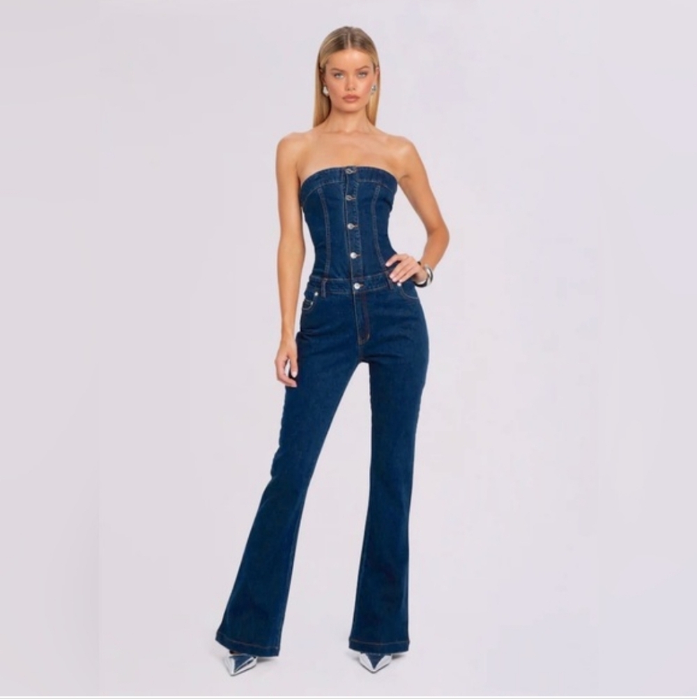 SER.O.YA April Strapless Denim Flared Jumpsuit In Deep Sea Size XS